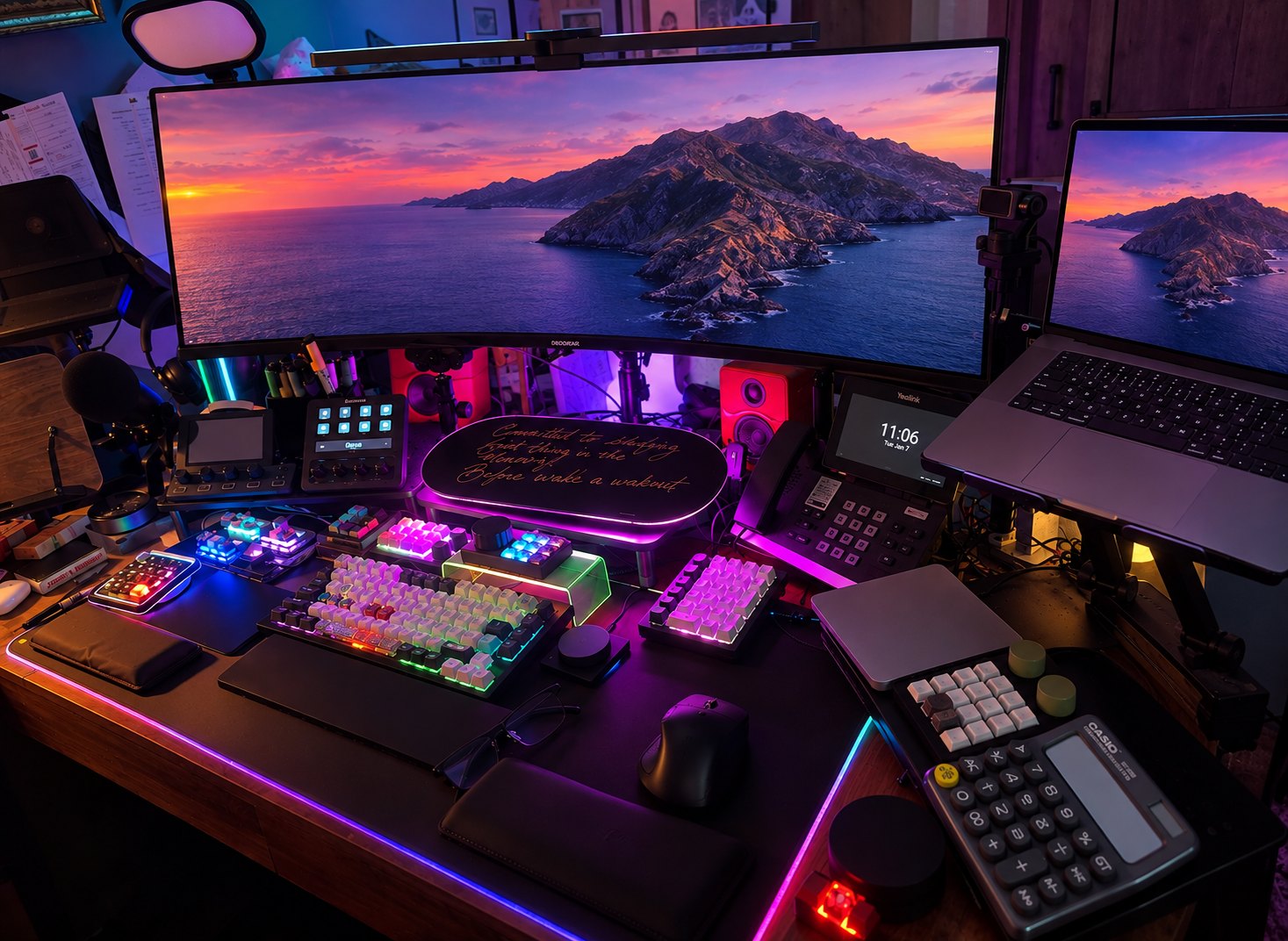 A wide desk with an ultrawide monitor, laptop, microphone, backlit keyboard and several macropads, lit by a lamp and colored light.