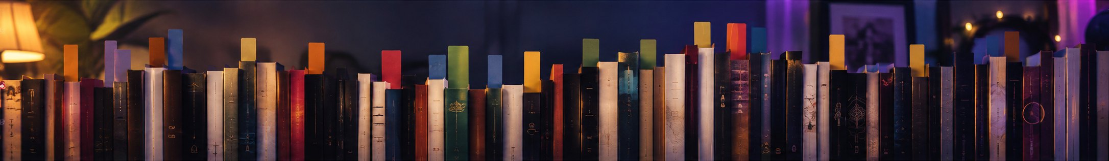 A row of books and cards seen edge on in warm lamplight, with brightly colored tabs rising above the top edge.