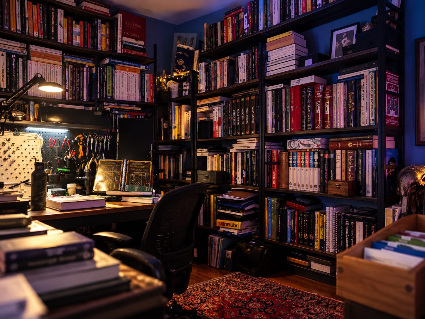 A corner of the library: two walls of black shelving packed with books, a work desk with a lamp and pegboard of tools on the left, and a patterned rug on the floor.