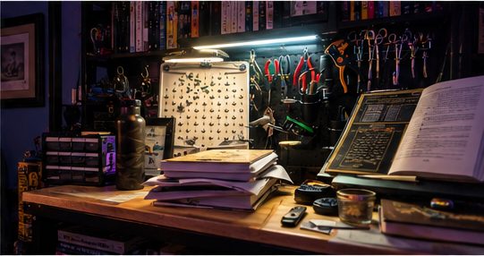 An electronics workbench under a strip light, with a pegboard of pliers and cutters, component drawers, stacked notebooks, and an open technical reference book on a stand.